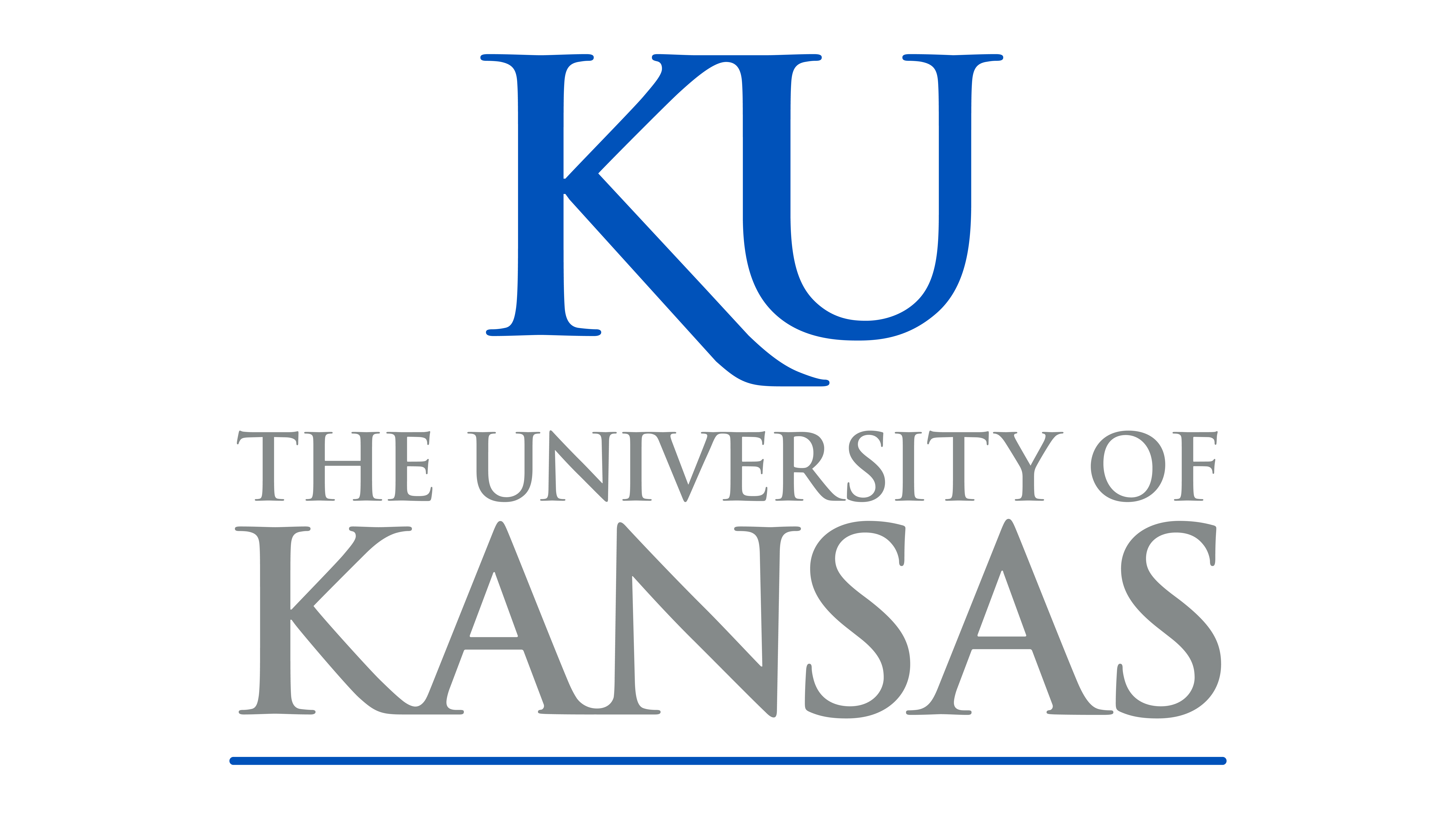 University signature featuring the blue KU logotype on top and grey text underneath it that reads "The University of Kansas"