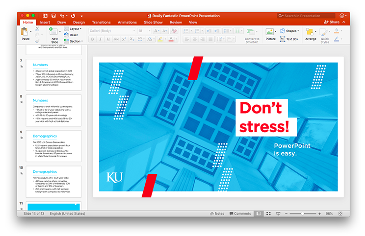 Screenshot of powerpoint interface, the current slide in view reads, "Don't stress"