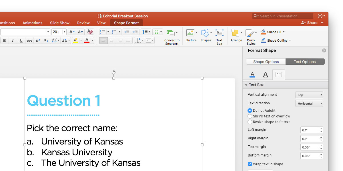 Powerpoint interface screenshot with a text box selected, focus on the "shape format" menu tab