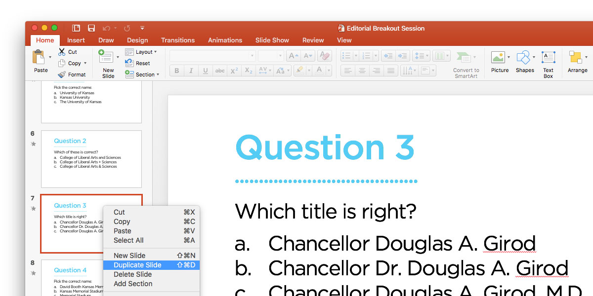 Powerpoint interface screenshot, a slide is selected in the list of slide on the left-hand column. The contextual menu for the slide thumbnail is showing with "Duplicate slide" selected