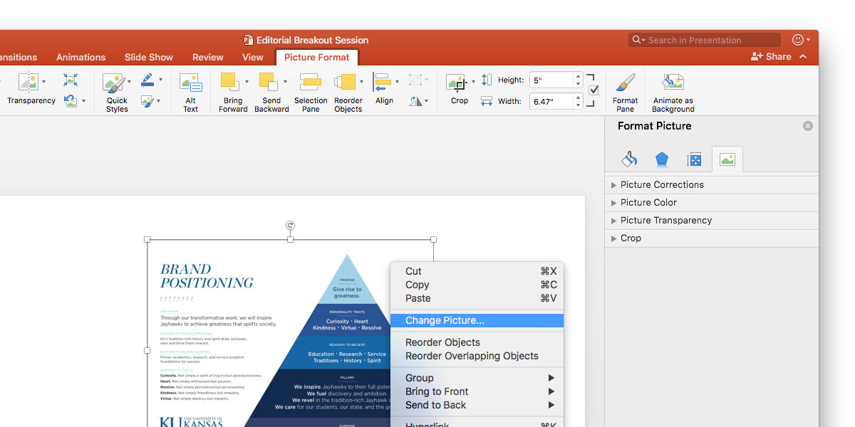 Powerpoint interface screenshot with an image selected. The contextual menu for the image is present with "change picture" highlighted.