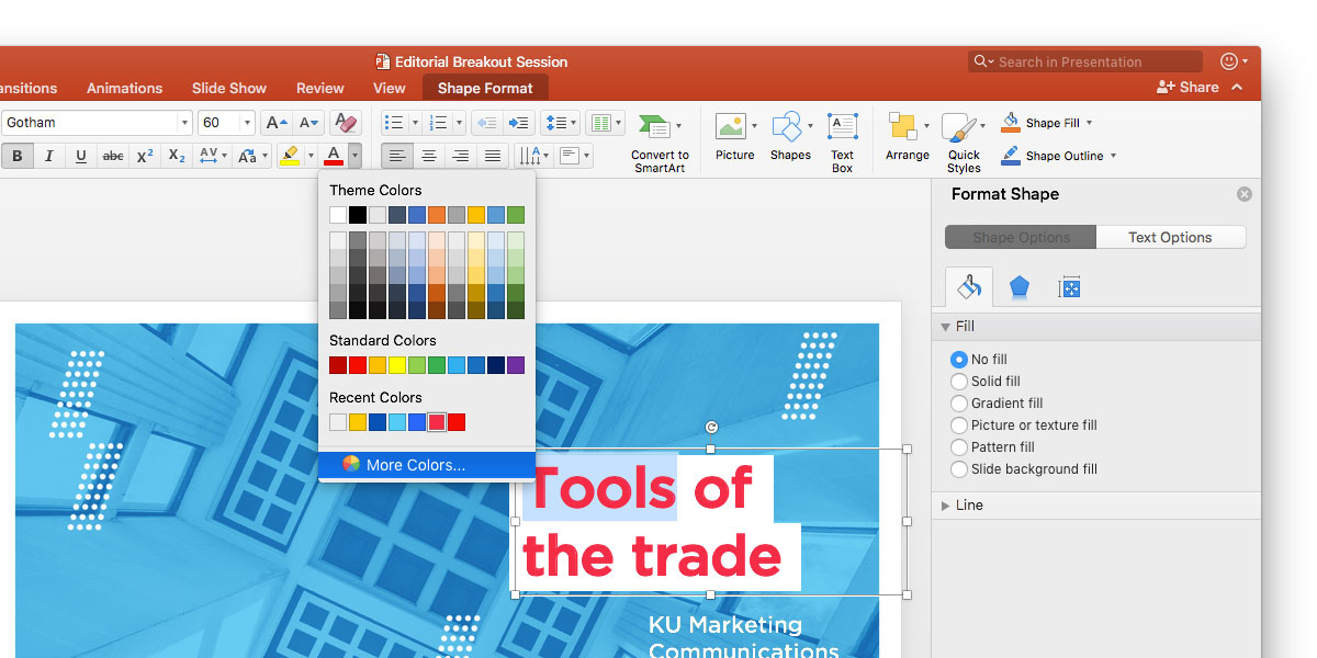 Powerpoint interface screenshot with a text block selected and text highlighted. The text color menu is open with the "more colors" option in focus.