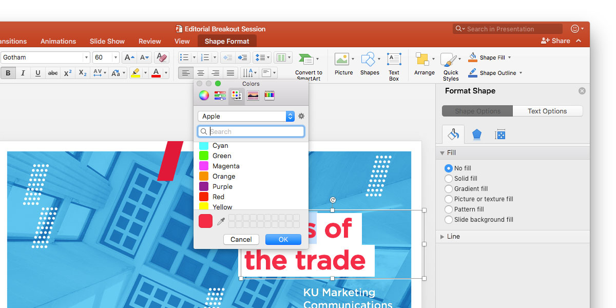 Powerpoint interface screenshot with a text block selected and text highlighted. The text color menu is selected on the swatch tab with the search bar in focus. 