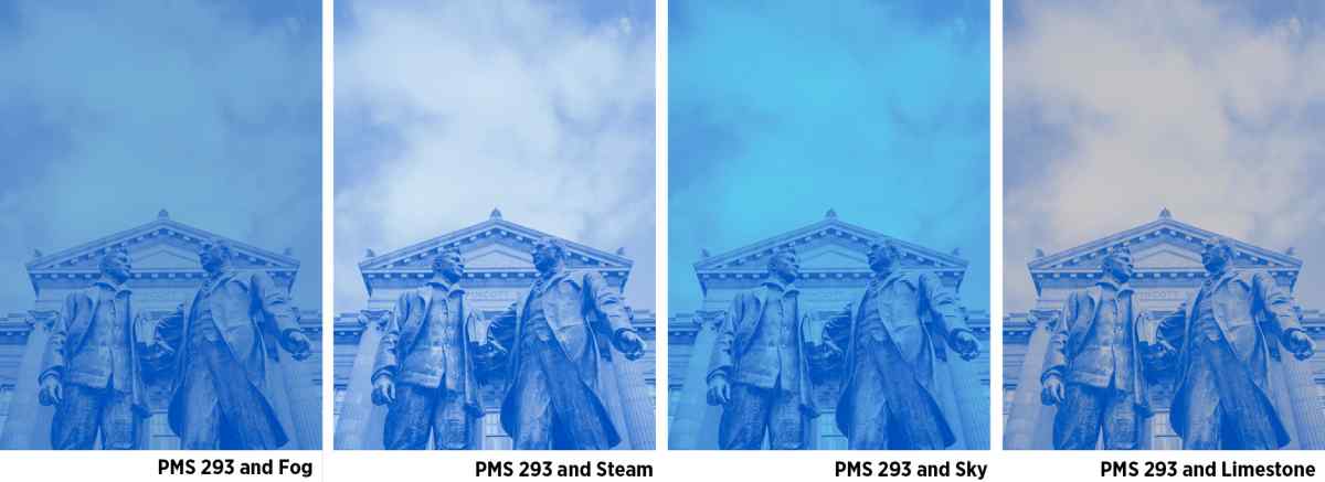 Example image of a statue in front of a building is shown with four different blue duotone combination color treatments. PMS 293 and Fog, PMS 293 and Steam, PMS 293 and Sky, PMS 293 and Limestone