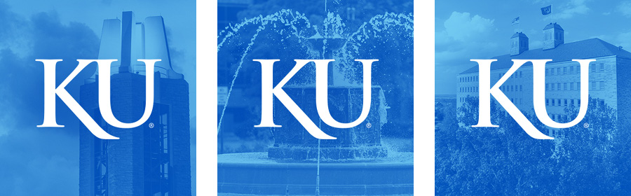 Three different general KU profile pics with a white KU logo on top of three separate color-treated photos of campus.
