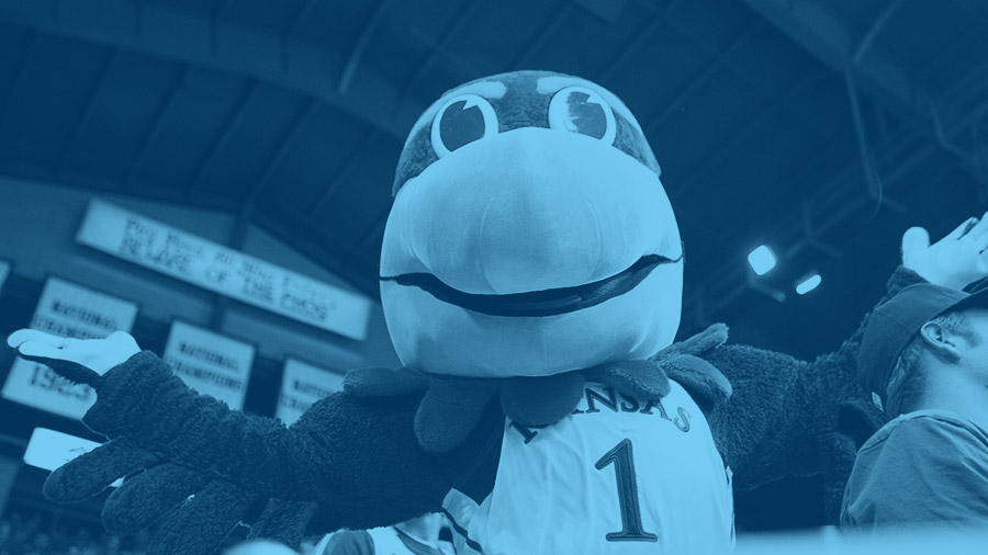 Color-treated photo of a Jayhawk mascot with arms raised