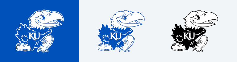 Examples of the one-color Jayhawk in both blue and black. There is one example that shows a white outline.