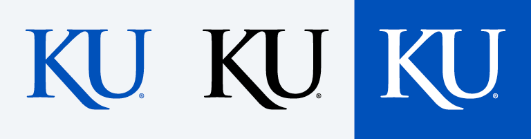 Examples of the approved color variants of the KU Logotype; blue, black, and white.