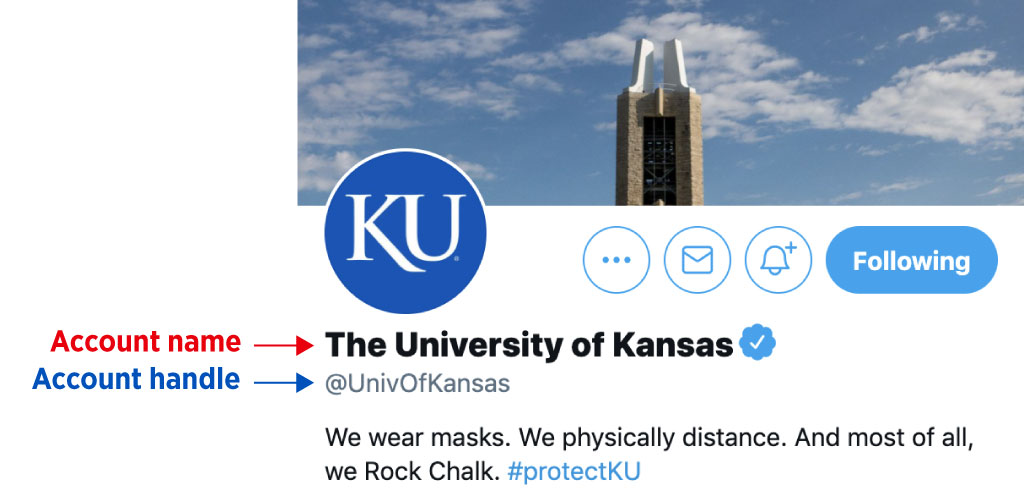 A screenshot of KU's Twitter profile showing where the Username and Handle are.