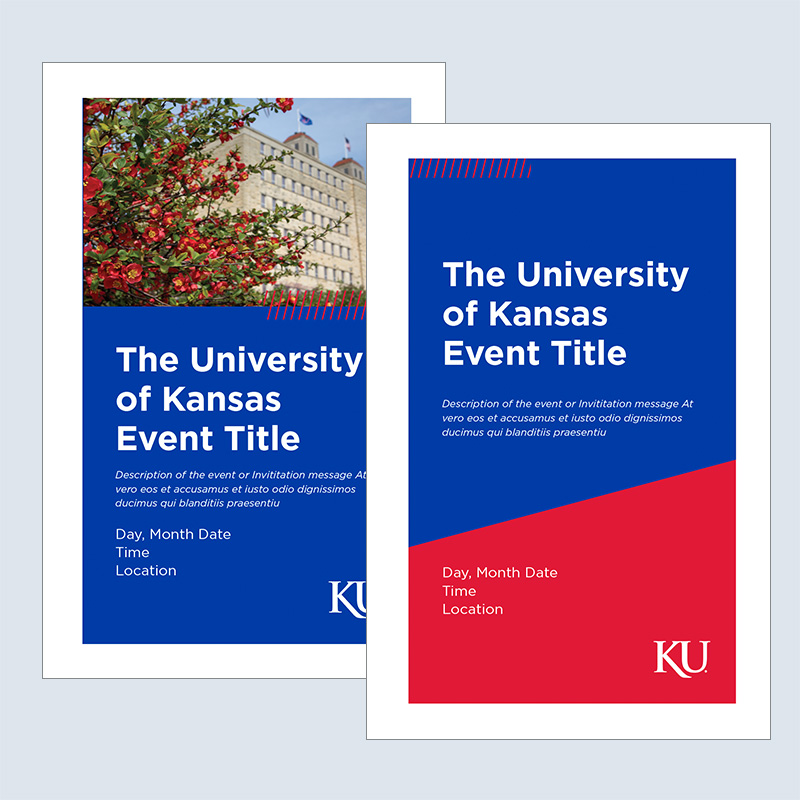 Screenshot of event program featuring a photo of KU campus, a blue background with white text, and a split red and blue blackground with white text