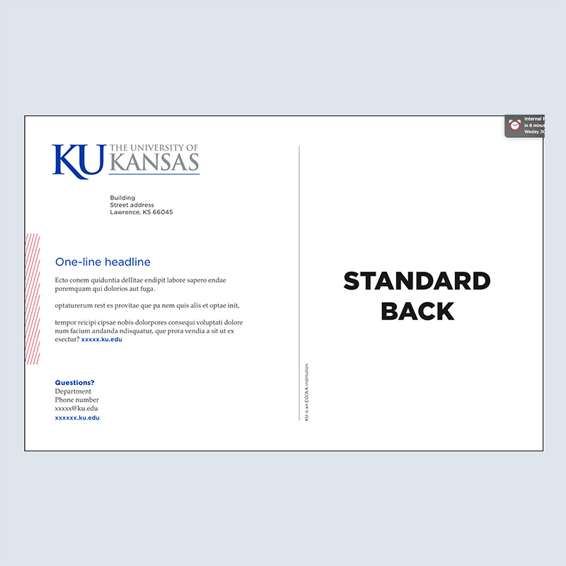 An example of the standard back-side of a postcard containing a KU signature, a marketing message, and contact info.