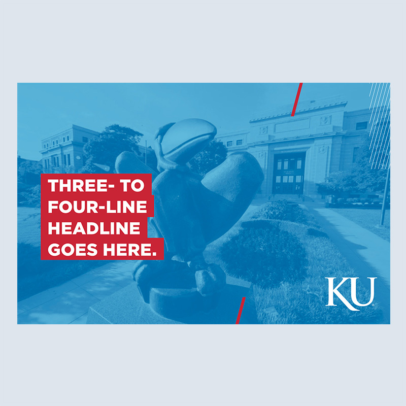 A postcard featuring a blue photo of the Jayhawk statue in front of Strong Hall. There is placeholder text in large red boxes over the image.