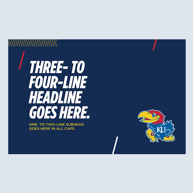 A navy blue postcard featuring a Jayhawk in the bottom-right corner and a large white placeholder heading running vertically on the left side.