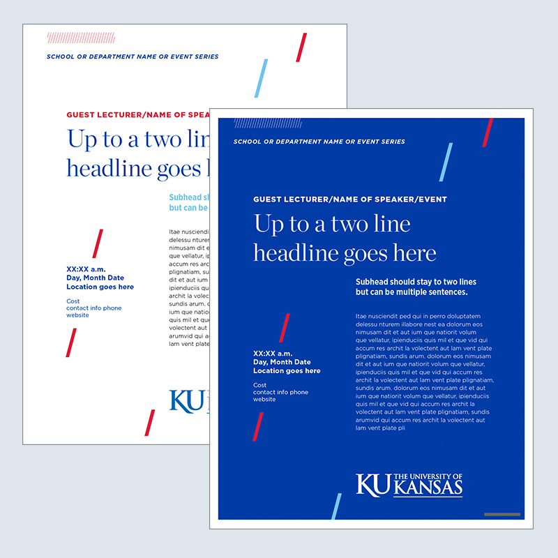Two fliers, one with a blue background and one with a white background. Each have space for a speaker bio and explanation of the event and date/time/place information.