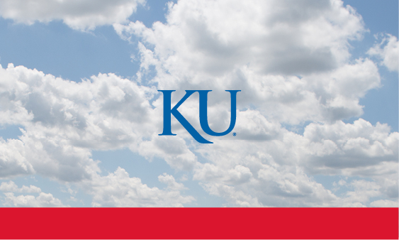 Business card back design number two, featureing the KU logotype over a blue sky and clouds with a thick crimson stripe along the bottom