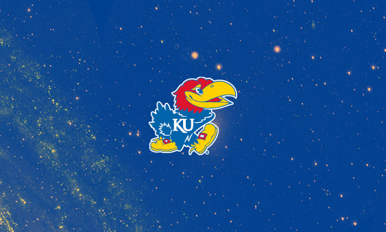 Business card back design number three, the jayhawk on top of an image of space color shifted so that space is blue and stars are tinted the color of jayhawk yellow